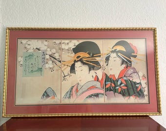 Antique Japanese Triptych Woodblock Print – Geisha Elegance in