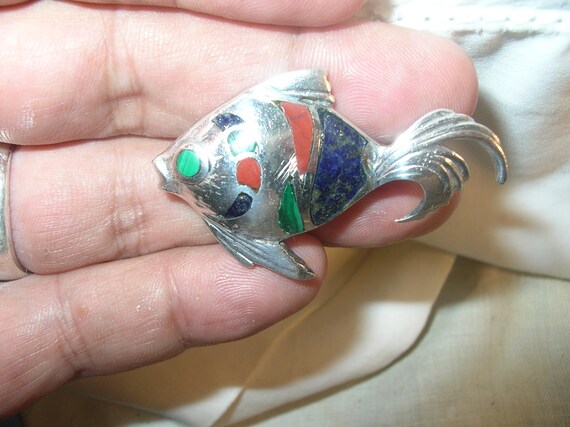 Vintage Sterling Enamel Fish Brooch - image 2