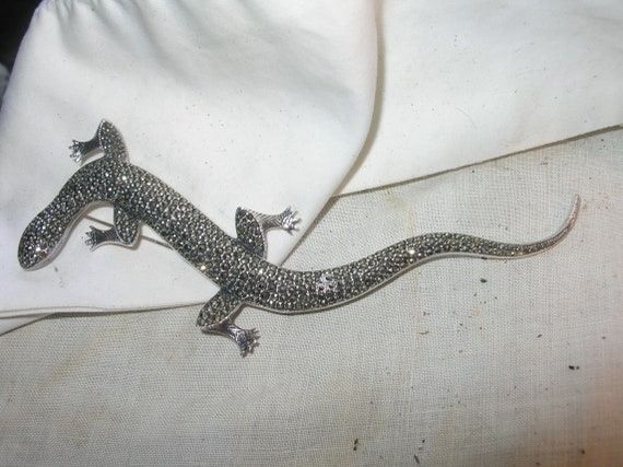 Vintage Sterling Large Marcasite Lizard Brooch - image 1