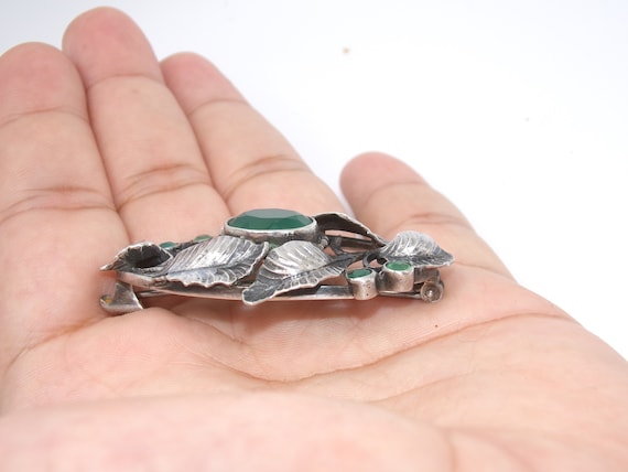 Antique 900 Silver Emerald Leaf Brooch *RARE* - image 3