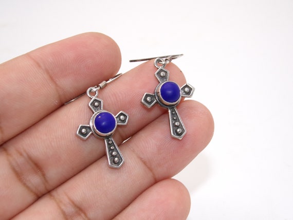 Vintage Sterling Blue Lapis Cross Earrings - image 4