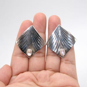 Vintage Sterling Silver Moonstone Earrings - Chased Design