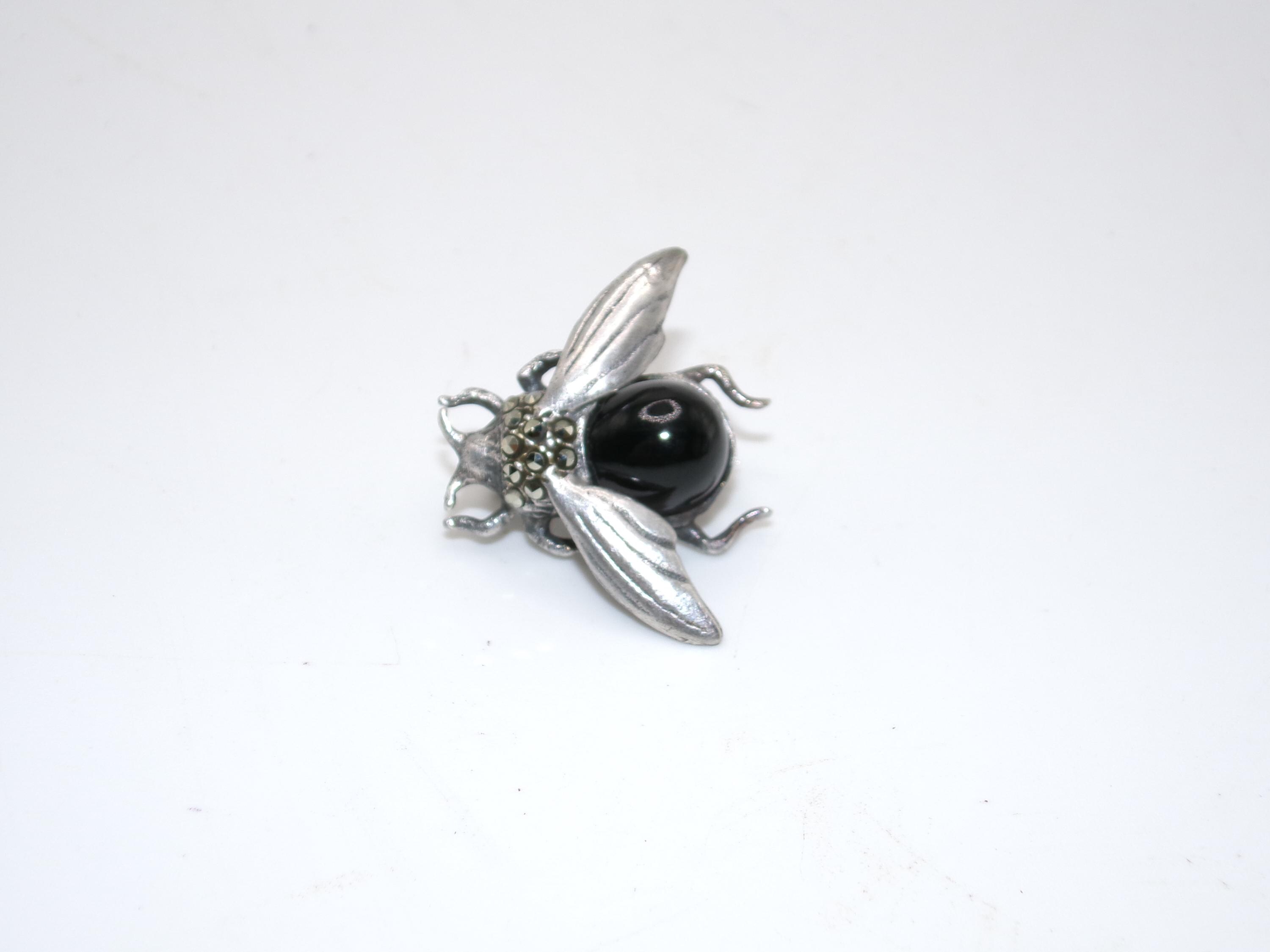 Vintage Sterling Silver Bee Pin With Black Onyx and