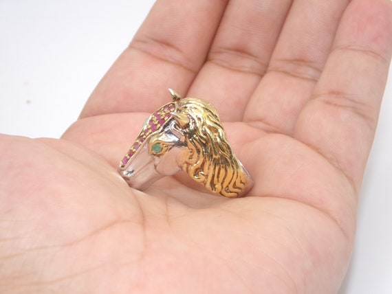 Vintage Sterling Vermeil Ruby Emerald Horse Ring - image 3