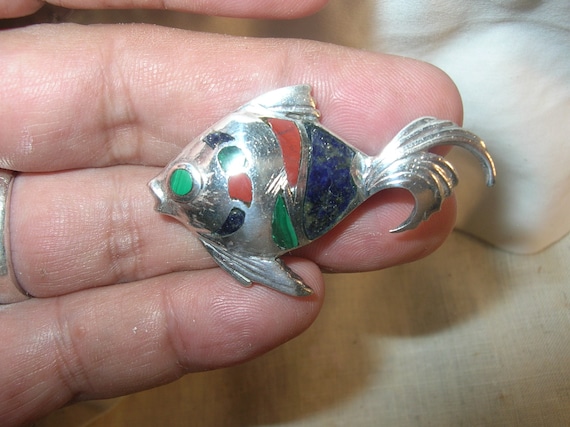 Vintage Sterling Enamel Fish Brooch - image 1