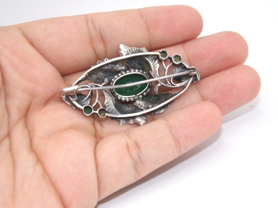 Antique 900 Silver Emerald Leaf Brooch *RARE* - image 2