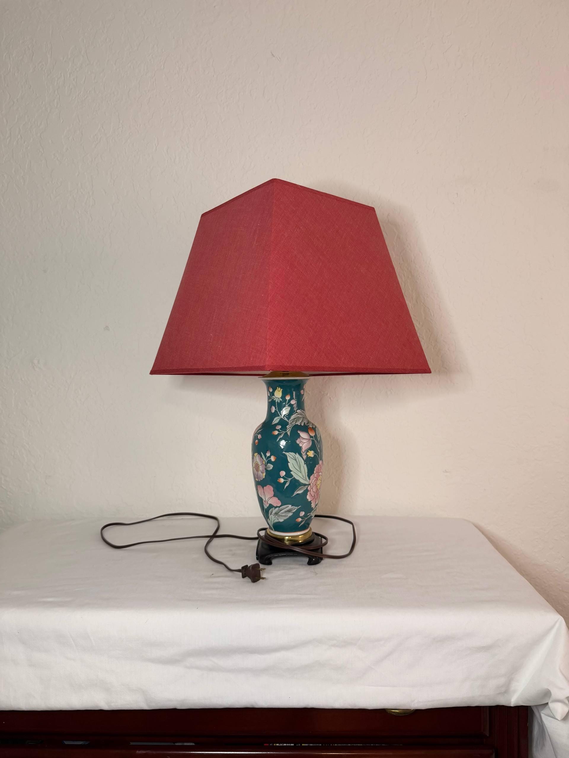 Vintage 1940s Hand-painted Porcelain Table Lamp With Red Shade