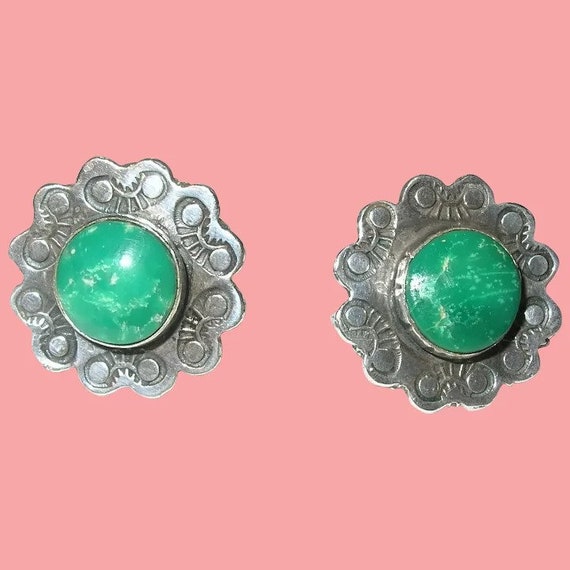 Vintage Sterling Earrings Green Stone - image 1