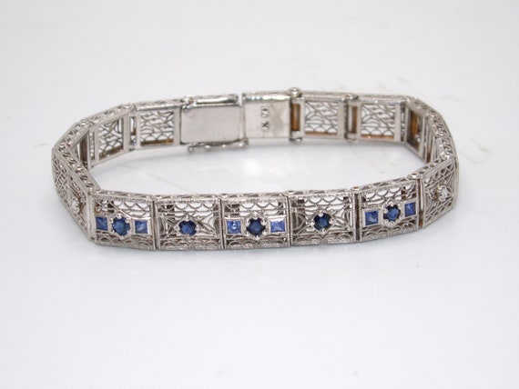 Art Deco 14K White Gold Diamond Sapphire Filigree… - image 1