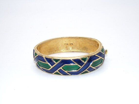 Vintage Boucher Enamel Gold Tone Hinged Bangle - image 3