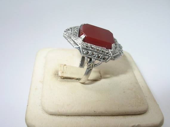 Art Deco Sterling Carnelian Marcasite Ring - image 2