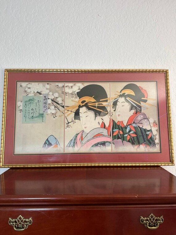 Antique Japanese Triptych Woodblock Print – Geisha Elegance in