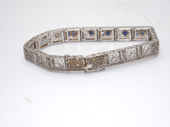 Art Deco 14K White Gold Diamond Sapphire Filigree… - image 3