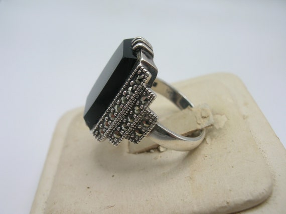 Art Deco Sterling Black Onyx Marcasite Ring - image 2