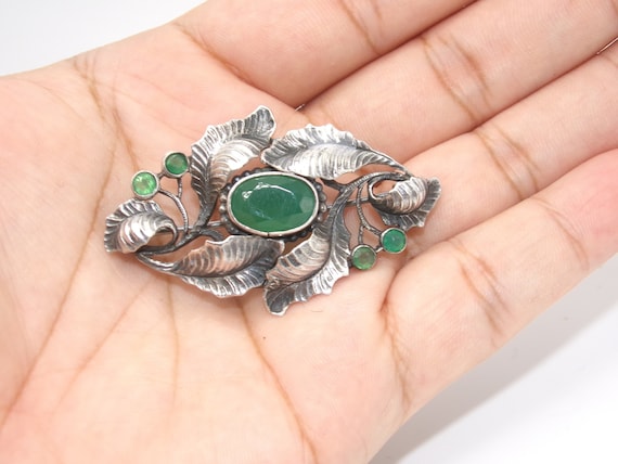 Antique 900 Silver Emerald Leaf Brooch *RARE* - image 1