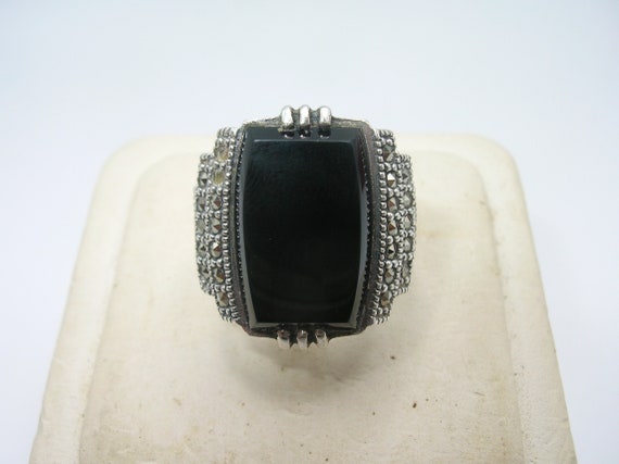 Art Deco Sterling Black Onyx Marcasite Ring - image 1