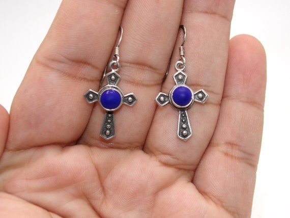 Vintage Sterling Blue Lapis Cross Earrings - image 1