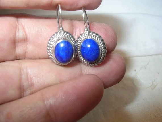 Vintage Sterling Drop Earrings Blue Cabochon - image 2