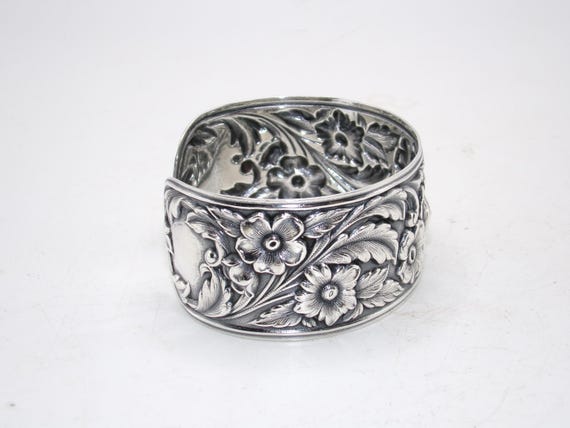 Vintage Sterling Wide Repousse Bangle by S. Kirk … - image 4