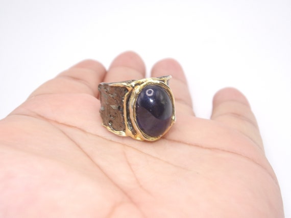 Vintage Sterling Vermeil Ring Lab Created Sapphire - image 1