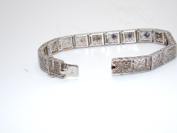 Art Deco 14K White Gold Diamond Sapphire Filigree… - image 4