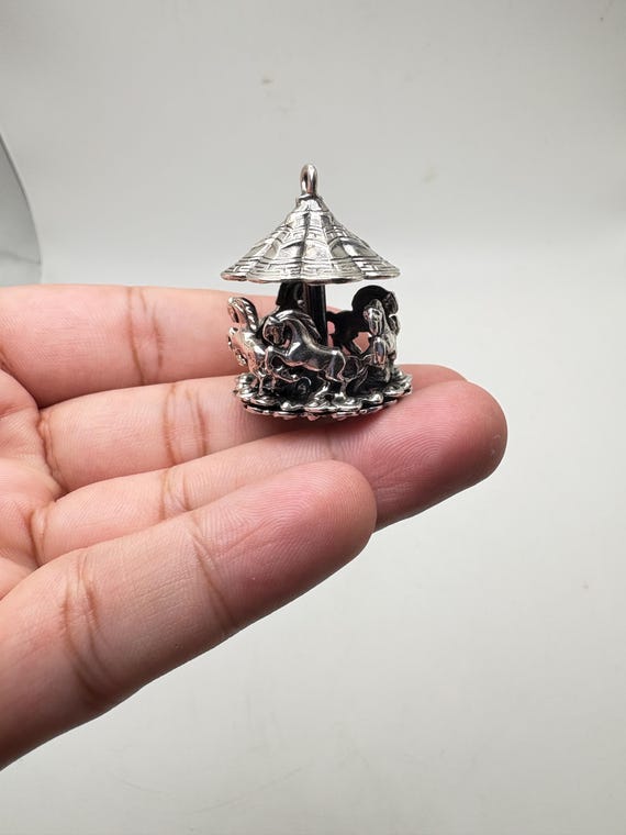 Vintage Sterling Silver Carousel Pendant by Jewelart — Spinning Merry-Go-Round Charm View 2