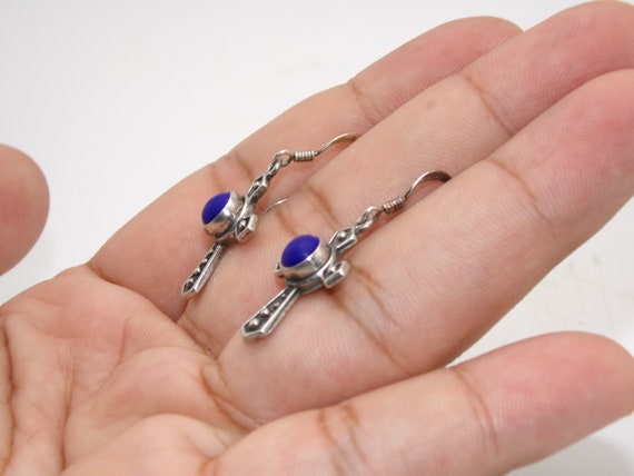 Vintage Sterling Blue Lapis Cross Earrings - image 2