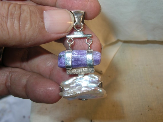 Vintage Sterling Drop Pendant Amethyst Pearl - image 1