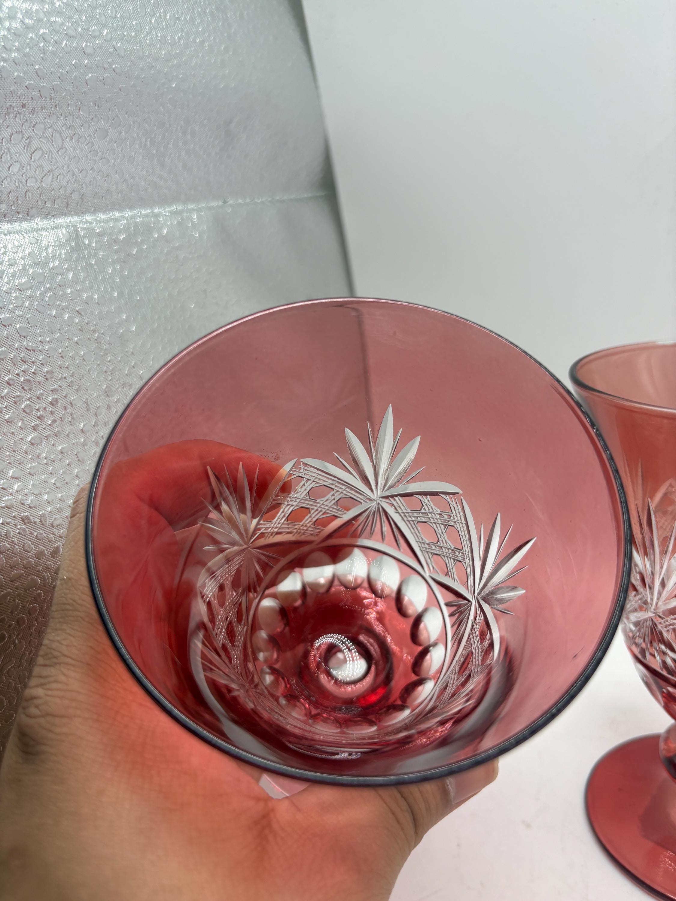 Vintage Bohemian Cranberry Cut-to-clear Crystal Wine and Whiskey