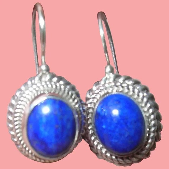 Vintage Sterling Drop Earrings Blue Cabochon - image 1