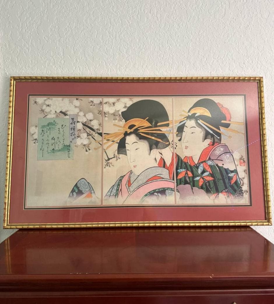 Antique Japanese Triptych Woodblock Print – Geisha Elegance in