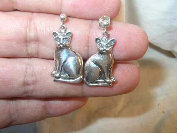 Vintage Sterling Drop Earrings Cat Design - image 2