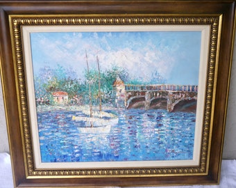ヴィンテージ キャンバス油彩画「運河のボート」（33インチ x 29インチ