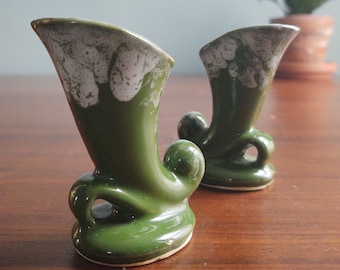 Vintage ceramic pair of small cornucopia's green glaze with white flux rim