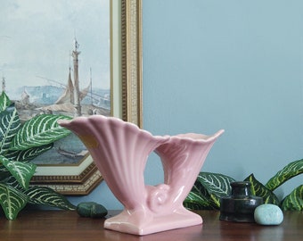 Ceramic Abingdon pink double corucopia scalloped rim art nouveau style pedestal vase