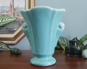 Urn style art pottery tapered vase robins egg blue pedestal foot USA