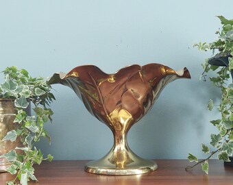 Brass cabbage leaf pedestal foot floral compote 8"