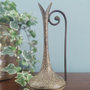 Brass etched pitcher budvase with spiral handle bohemian home decor image 5