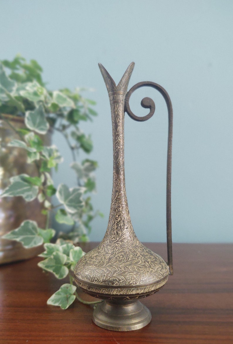 Brass etched pitcher budvase with spiral handle bohemian home decor image 5