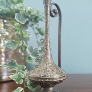 Brass etched pitcher budvase with spiral handle bohemian home decor image 8