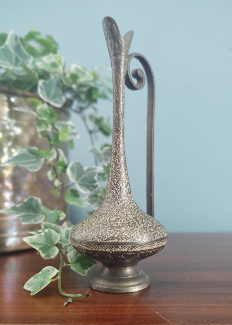 Brass etched pitcher budvase with spiral handle bohemian home decor image 8