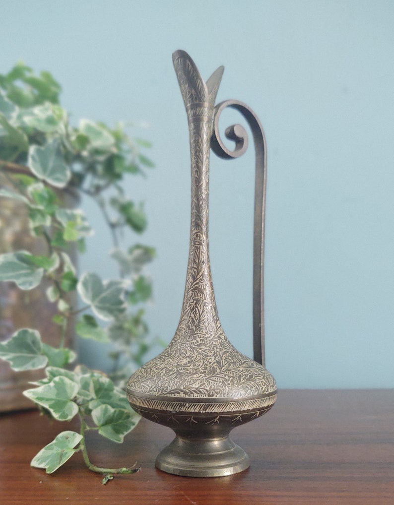 Brass etched pitcher budvase with spiral handle bohemian home decor image 9