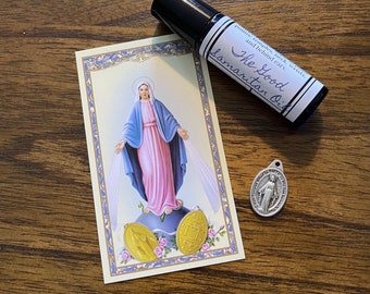 Oil of the Good Samaritan | Mary’s Oil Gift Set | Catholic Christian Gift | Holy Oils | Saint Medal | Prayer Card