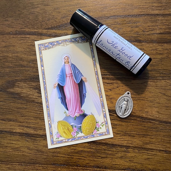 Huile du Bon Samaritain | Coffret cadeau Mary's Oil | Cadeau chrétien catholique | Huiles sacrées | Médaille Saint | Carte de prière