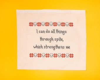Handmade sarcastic finished cross-stitch embroidery "I can do all things through spite..." (made-to-order, UNFRAMED)