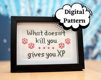 RPG-themed Cross-stitch pattern &quot;What doesn&#39;t kill you gives you XP&quot; Dungeons and Dragons dnd dice PDF