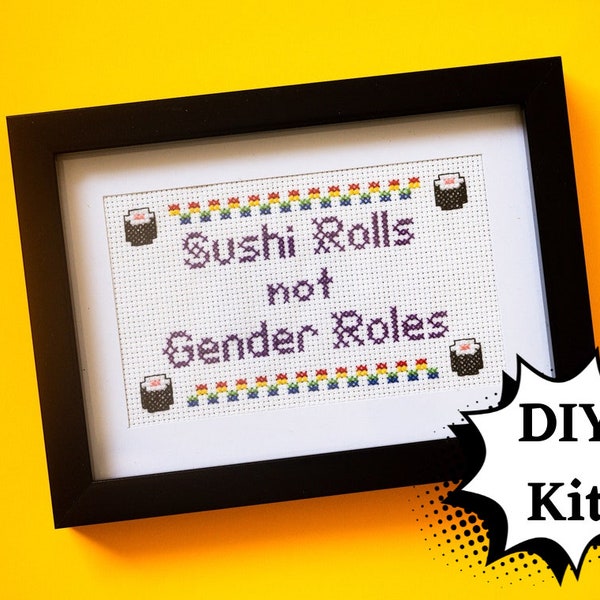 DIY cross-stitch kit - Sushi Rolls not Gender Roles, easy beginner project