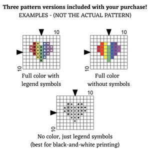 May include: Three versions of a pattern design are shown. The first version is in full colour with legend symbols. The second version is in full colour without symbols. The third version is in black and white with only legend symbols. Each version is a 10x10 grid.