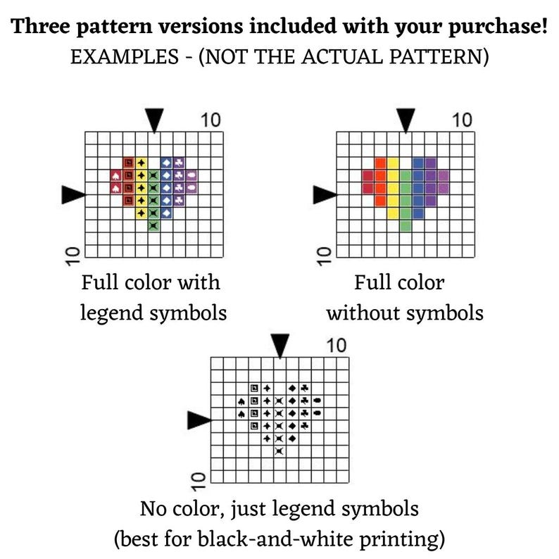 May include: Three versions of a pattern design are shown. The first version is in full colour with legend symbols. The second version is in full colour without symbols. The third version is in black and white with only legend symbols. Each version is a 10x10 grid.