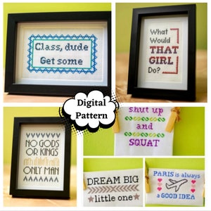 May include: Five different cross-stitch patterns in black frames. The patterns include: "Class, dude Get some", "What Would That Girl Do?", "No Gods Or Kings Only Man", "Shut Up And Squat", and "Dream Big Little One".